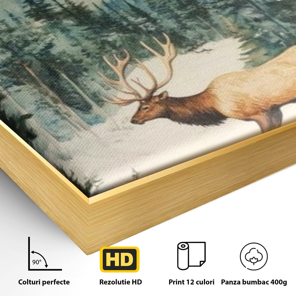 Detaliu al suprafetei: tablou canvas cu cerb in zapada, in rama de aluminiu auriu